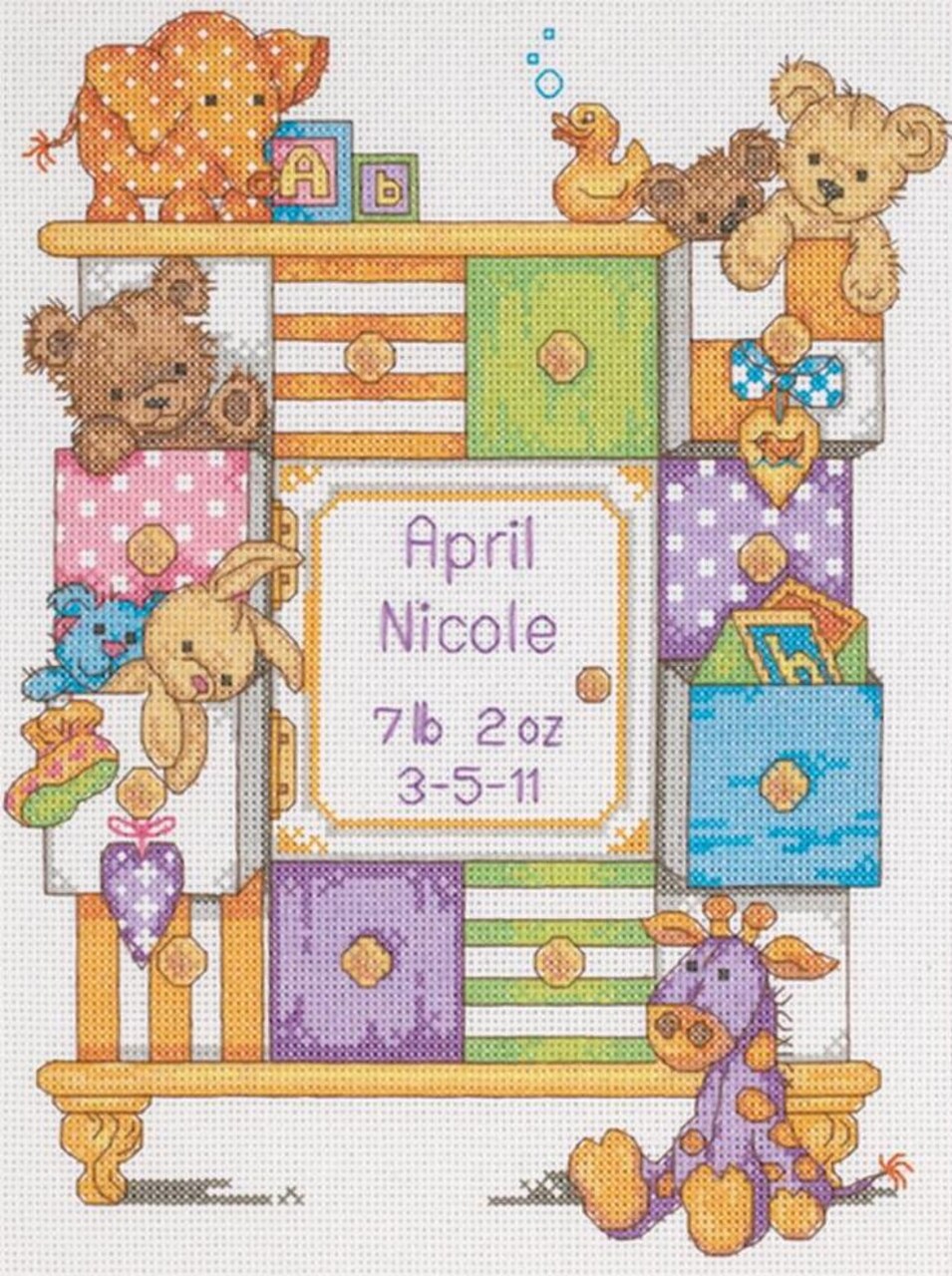 DIY Dimensions Baby Drawers Birth Record Bears Counted Cross Stitch Kit 9x12